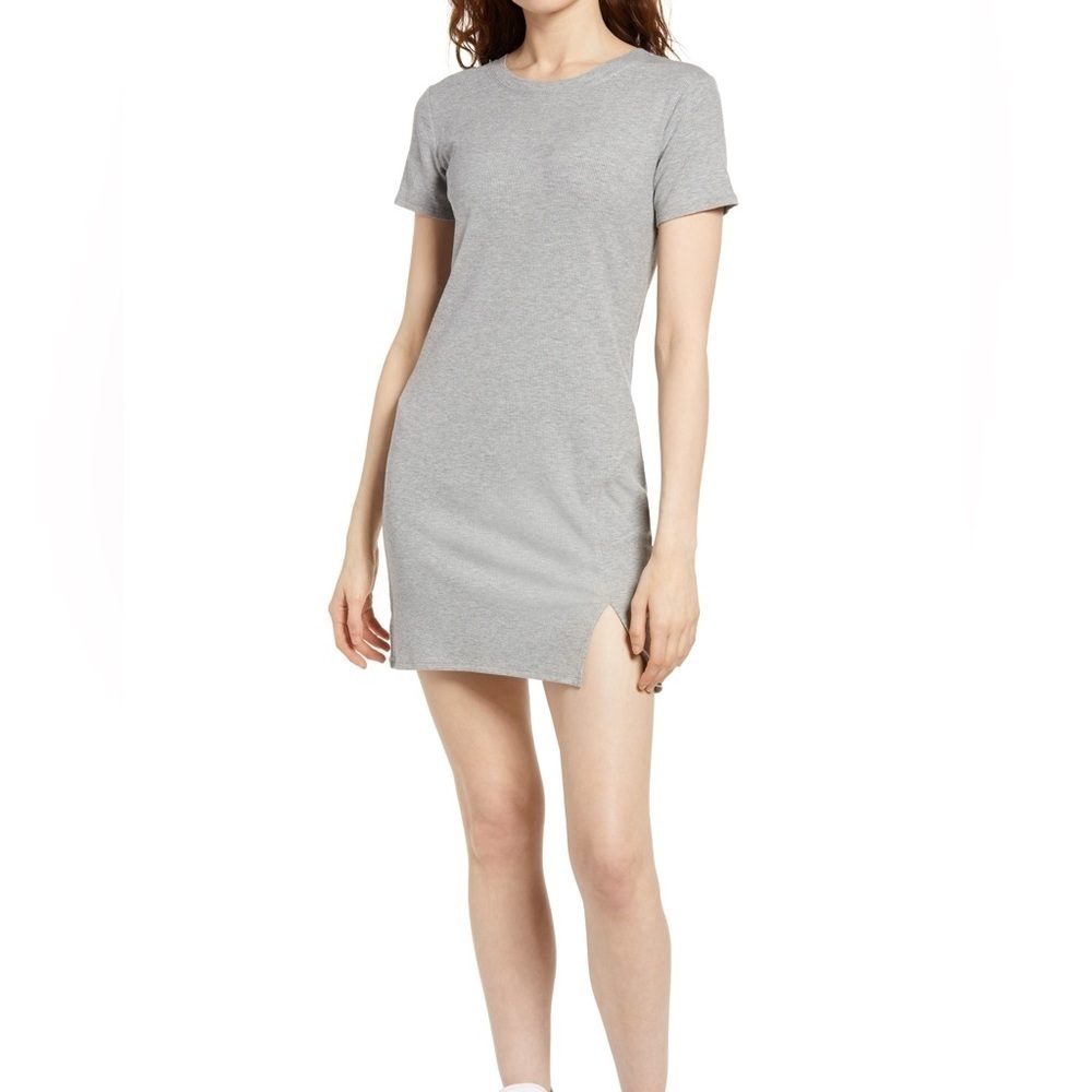 Socialite Grey Ribbed Side Slit T-Shirt Dress - Size S